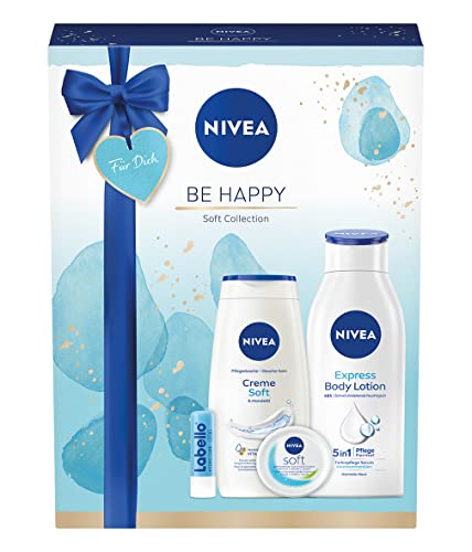 NIVEA Be Happy Geschenkset für Frauen, verwöhnendes Beauty Set mit feuchtigkeitsspendenden Pflegeprodukten, Pflegeset mit Duschgel, Body Lotion und mehr, Kosmetik Set als Geschenk für Freundinnen