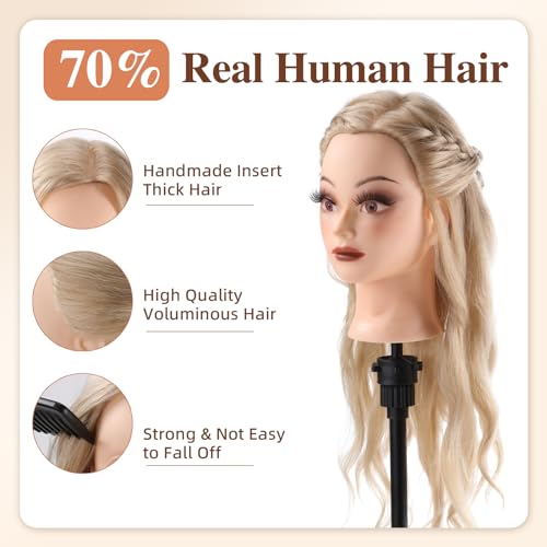 Frisierkopf 70% Echthaar Übungskopf 24 Zoll Frisierkopf Friseure Trainingsköpfe für Friseure zum Frisieren und Schminken Ausbildung Kopf Mit Halter + DIY Haare Set