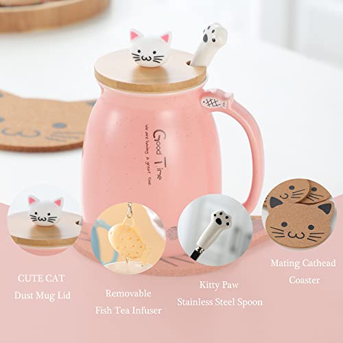 Katzen-Tasse Süße Keramik Kaffeetasse mit deckel,Edelstahl Löffel, Neuheit Morgen Cup Tee Milch Weihnachten Becher Geschenk Teetasse mit Deckel und Sieb Geschenke für Frauen380ML (Rosa)
