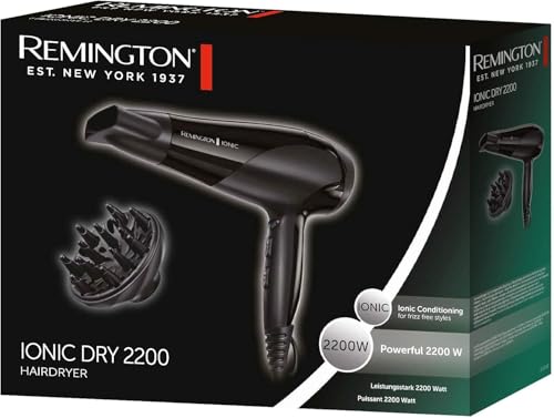 Remington Haartrockner Ionen [leicht, Diffusor & Stylingdüse] schwarz (2200W, Keramik-Ionen: schonendes Styling & gleichmäßige Wärmeverteilung, 3 Heiz- & 2 separate Gebläsestufen + Abkühlstufe) D3198