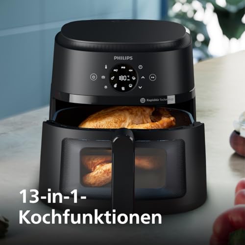 Philips Airfryer 2000 Serie – 13 Zubereitungsmöglichkeiten, 6,2 l, kompaktes Design mit Kochfenster, RapidAir-Technologie, Braten mit bis zu 90% weniger Fett, leicht zu reinigen (NA230/00)