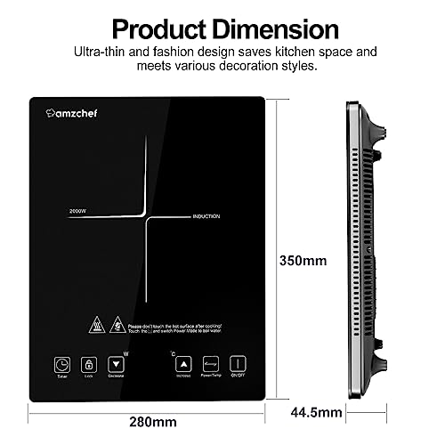 AMZCHEF Single Induction Cooker, Ultra-thin Induction Hob with Fashion Look, 10-level Power and Temperature Control, Black Frosted Glass Panel, Touch Sensor, 3-hour Timer, Safety Lock