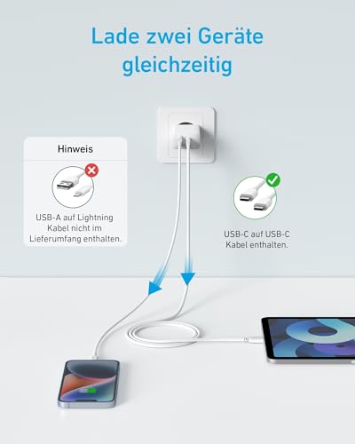 Anker 20W USB C Ladegerät, iPad Netzteil, USB-Schnellladenetzteil, iPad Ladegerät, Kompatibel mit iPhone 16/15/iPhone 15 Plus/iPhone 15 Pro/iPhone 15 Pro Max/iPad und mehr (mit 150cm USB-C Kabel)