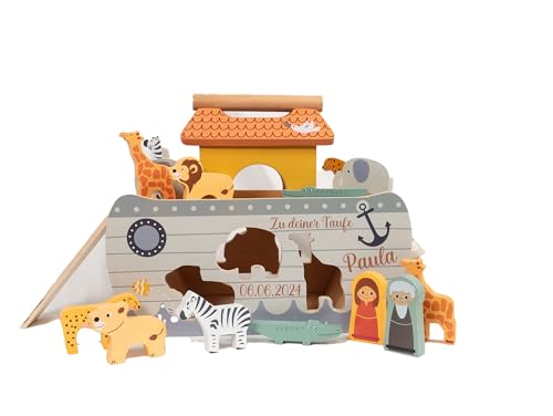 minipishop® - Taufgeschenk ARCHE NOAH aus Holz personalisiert für Jungen Mädchen Steckspiel Spielzeug außergewöhnliches Taufgeschenk Small Foot Holzspielzeug
