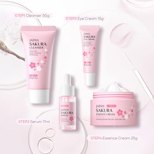 Rosarden Sakura Geschenke Set für Teenager-Mädchen und Frauen, Feuchtigkeitspflege Hautpflege Set, Gesichtspflege Set mit Cleanser, Serum, Augencreme und Creme (4-tlg)
