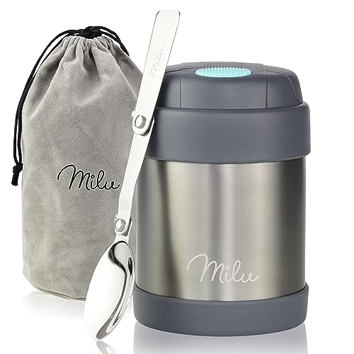 Milu® Thermobehälter für Essen Kinder 300ml, Edelstahl Warmhaltebehälter mit Löffel, Thermobecher 100% Auslaufsicher, Thermo Lunchbox, Thermobox Suppen, Babybrei, Speisebehälter Grau, 300ml