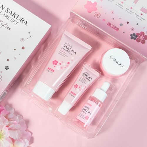 Rosarden Sakura Geschenke Set für Teenager-Mädchen und Frauen, Feuchtigkeitspflege Hautpflege Set, Gesichtspflege Set mit Cleanser, Serum, Augencreme und Creme (4-tlg)