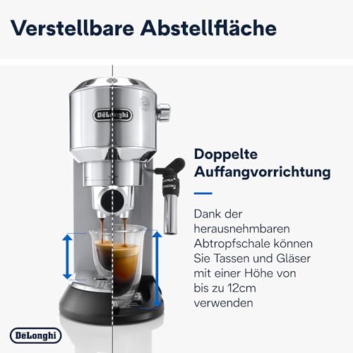 De'Longhi Dedica Style EC 685.M – Espresso Siebträgermaschine, Espressomaschine mit professionellem Milchaufschäumer, nur 15 cm breit, für Kaffeepulver oder ESE Pads, 1 l Wassertank, silber