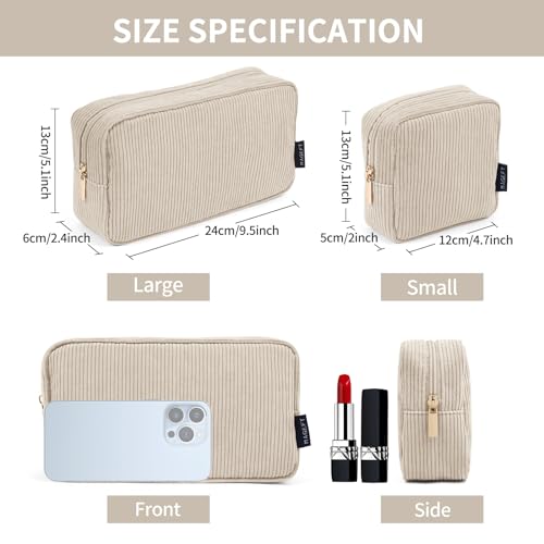 MAGEFY 2 Pcs Kleine Make up Tasche für Handtasche, Cord Make up Tasche mit Fächern Reise Make up Tasche für Mädchen Frauen (Beige)