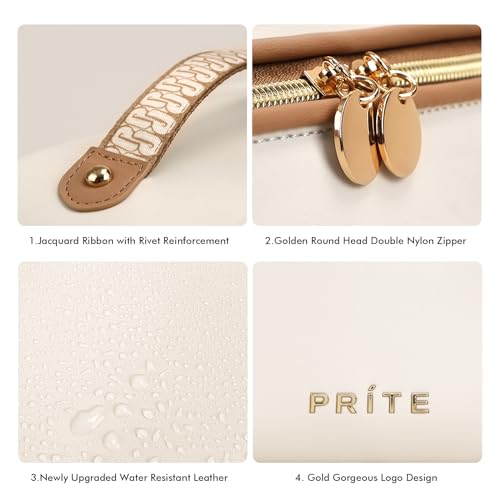 Prite Große Kapazität Kosmetiktasche Tragbare Reise Make Up Tasche wasserdichte PU-Leder Schminktasche oder Kulturbeutel mit Transparente Trenner und Griff(Beige L)