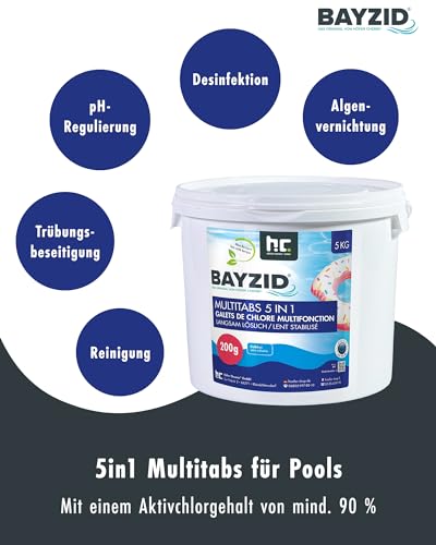 BAYZID Chlor Multitabs 5 in 1-200g Chlortabletten für Pool - 5kg - 5-Phasen Pflege & Reinigung - Made in Europe - Für kristallklares Poolwasser