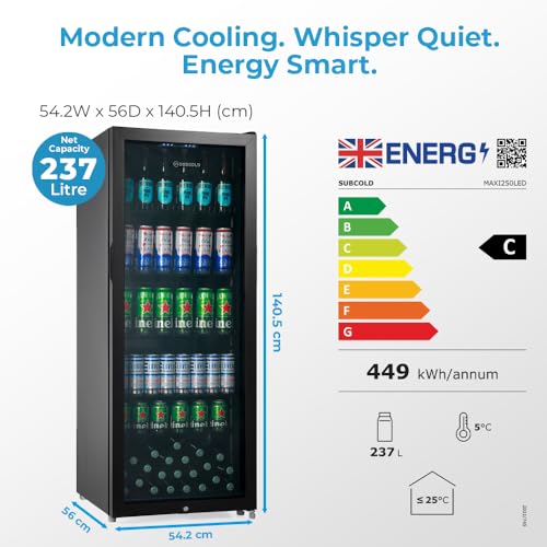 Subcold MAXI250LED Tall Drinks Fridge with Glass Door | 237L Upright Can Cooler | Ideal for Home Bars, Kitchens, and Entertaining Spaces (Black)