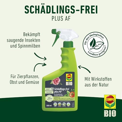 COMPO Schädlings-frei plus AF - Spray gegen Blattläuse, Schildläuse, Wollläuse, Buchsbaumzünsler & Co. - für Zierpflanzen und Kernobst - 500 ml - anwendungsfertiges Insektizid