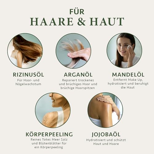 Satin Naturel Verwöhnendes Geschenkset Frauen mit BIO Arganöl + Rizinusöl + Mandelöl + Jojobaöl + Body Scrub aus Totes Meer Salz – Geschenke für Frauen - Luxus-Geschenkbox Naturkosmetik