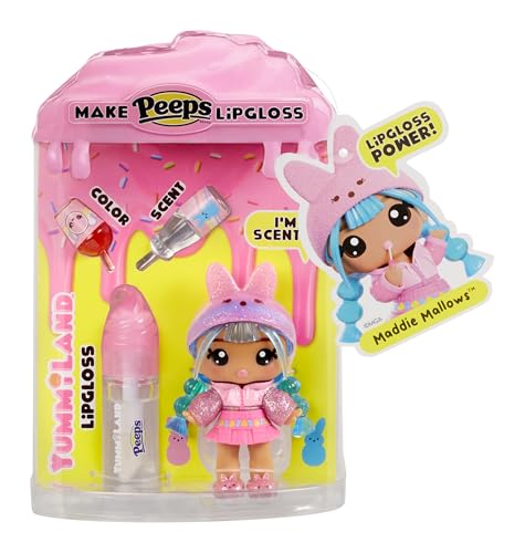 Yummiland x Peeps Lip Gloss Doll - Maddie Mallows - Enthält 1 Puppe mit Mode zum Gestalten und Lipgloss-Set mit Einzigartiger Farbe, Duft und Klarer Basis, für Kinder ab 4 Jahren