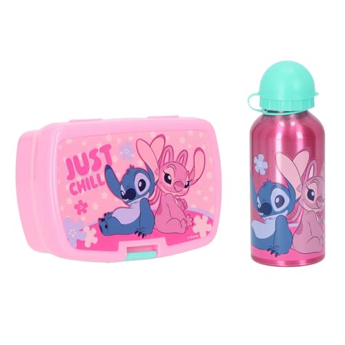 Disney Stitch Brotdose mit Trinkflasche Rosa – Kinder Lunchbox Set, 2-teilig, ideal für Schule, Kindergarten & Ausflüge