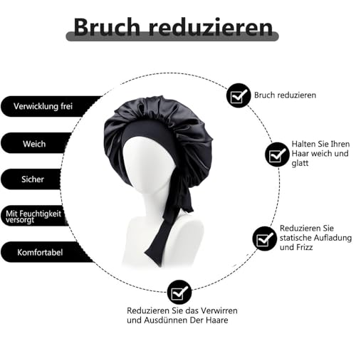 Seidenhaube zum Schlafen,Silk Bonnet,Schlafhaube Seide,Verstellbare Satin Haarhaube,Damen Satin Haarhaube,Weiche Satin Bonnet,Schwarz Seidenhaube zum Schlafen,für Damen und Mädchen