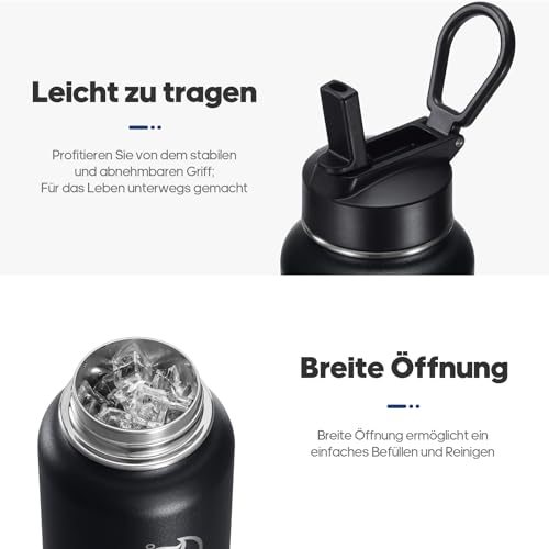 HydroPal Edelstahl Trinkflasche - 750ml, 1L, 1,2L, BPA-Frei, Kohlensäure geeignet, Isolierte flasche mit Strohhalm & 2 Deckel, Auslaufsichere Isolierflasche für Sport (Schwarz, 750 ml)