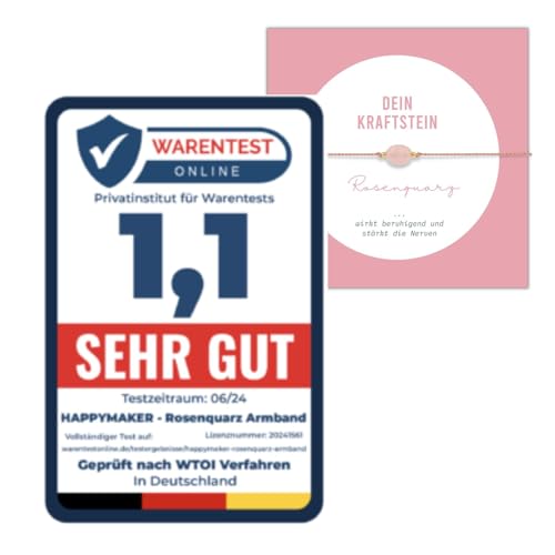 happymaker - Rosenquarz Armband Damen, handgemacht in Deutschland, Edelstein Armband rosa mit vergoldeten Perlen, Geschenkverpackung als Kraftgeber Geschenk für Frauen und Mädchen