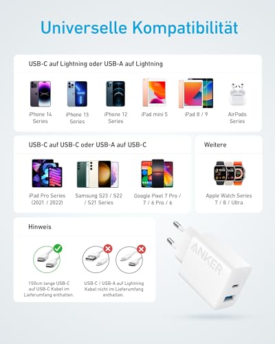 Anker 20W USB C Ladegerät, iPad Netzteil, USB-Schnellladenetzteil, iPad Ladegerät, Kompatibel mit iPhone 16/15/iPhone 15 Plus/iPhone 15 Pro/iPhone 15 Pro Max/iPad und mehr (mit 150cm USB-C Kabel)
