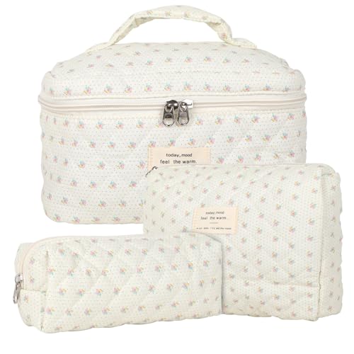 3pcs Reise Kosmetiktasche Set Damen, Baumwolle Kulturbeutel Set Damen Gesteppte Kulturtasche mit Blumenmuster, Make up Bag Aesthetic Schminktasche Cosmetic Bag für Kinder Damen