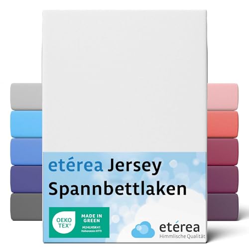 etérea Jersey Spannbettlaken 200x220cm Weiss bis 30 cm Höhe - 100% Baumwolle Spannbetttuch Oekotex - Bed Sheets Leintuch Bettbezug mit Rundumgummi - Bettlaken 200x220 cm - White