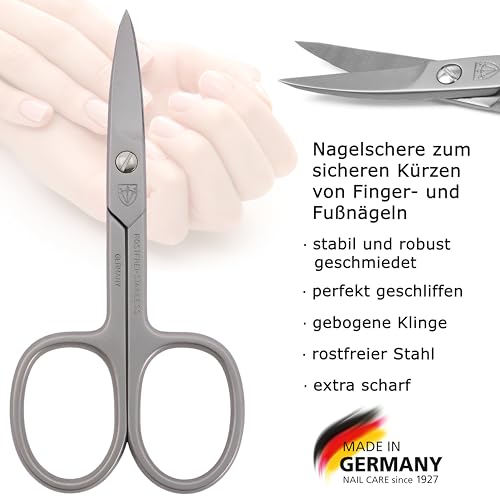 DREI SCHWERTER - Nagelschere gebogen | Scharfe Klinge zum exakten Schneiden von Nägeln. Rostfreie Markenqualität MADE IN GERMANY | Inhalt: Schwarzes Nageletui aus Kunstleder