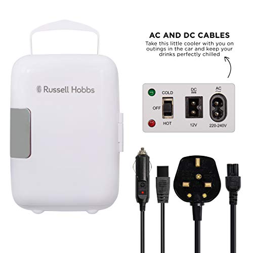 Russell Hobbs RH4CLR1001 4L/6 Can Portable Mini Cooler & Warmer for Drinks, Cosmetics/Makeup/Skincare, AC/DC Power, Retro Style, White, For Bedroom, Home, Caravan, Car