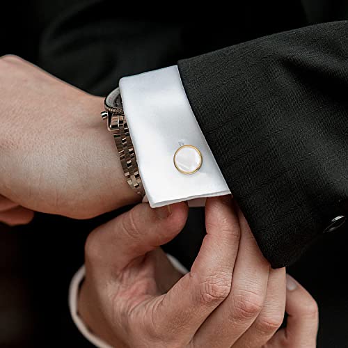 UJOY Cufflinks & Studs Set 1Pair Cufflinks & 3Pair Tuxedo Studs Mens Jewelry Kit with G-ift Box - White Shell & Golden Best Man G-ifts for Wedding Box for Cufflinks, Valentine G-ifts for Him