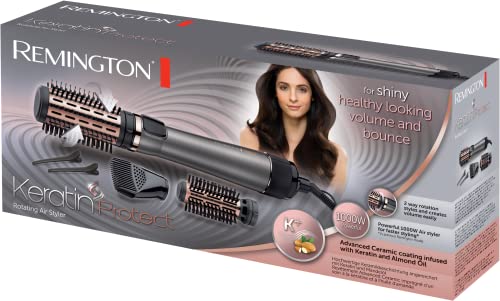Remington Warmluftbürste rotierend [automatisch] Keratin Protect (inkl.3 Aufsätze: 2 Rundbürsten+Haaransatz-Booster für mehr Volumen) + Haarklammern, Keramikbeschichtung mit Mandelöl, AS8811,Grau