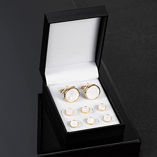 UJOY Cufflinks & Studs Set 1Pair Cufflinks & 3Pair Tuxedo Studs Mens Jewelry Kit with G-ift Box - White Shell & Golden Best Man G-ifts for Wedding Box for Cufflinks, Valentine G-ifts for Him