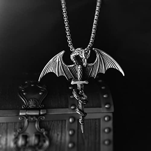 bahamut Mens Viking Jewellery Dragon Sword Pendant Necklace for Men Stainless Steel Gothic Vintage Jewelry with Chain