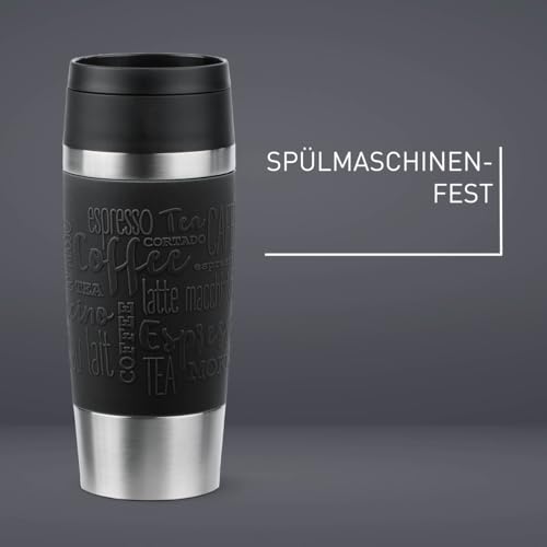 Emsa Travel Mug Classic Isolierbecher 360 ml, Kaffeebecher to Go, neuer Komfort-Schraubverschluss, Edelstahl, 4h heiß und 8h kalt, 100% dicht, spülmaschinenfest, 360°-Trinköffnung, schwarz, N20202