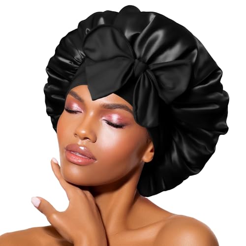 BONNET QUEEN Seidenhaube zum Schlafen Silk Bonnet Schlafhaube Seidenhaube Satin Hair Haarhaube Sleep Cap für locken Haare für Damen mit Verstellbare Bindeband, Schwarz