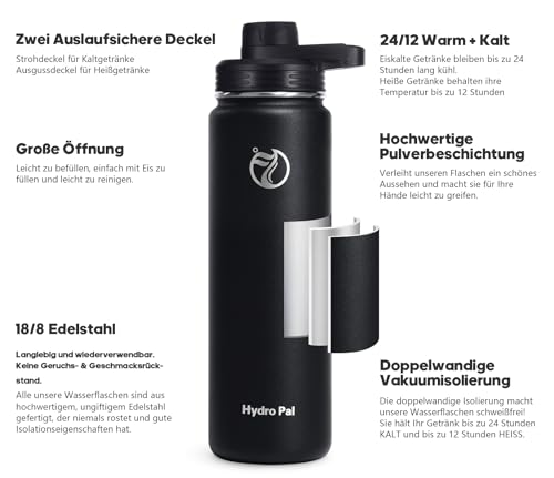 HydroPal Edelstahl Trinkflasche - 750ml, 1L, 1,2L, BPA-Frei, Kohlensäure geeignet, Isolierte flasche mit Strohhalm & 2 Deckel, Auslaufsichere Isolierflasche für Sport (Schwarz, 750 ml)