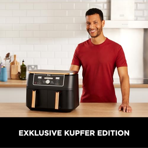 Ninja Foodi MAX Dual Zone Heißluftfritteuse, 9,5L Airfryer, 2 Fächer, mit Zange, Antihaftbeschichtung, spülmaschinenfeste Körbe, 6-in-1, Amazon Exklusiv, Kupfer/Schwarz, AF400EUCP