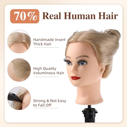 Frisierkopf 70% Echthaar Übungskopf 24 Zoll Frisieren Trainingsköpfe für Friseure Ausbildung Kopf Mit Halter + DIY Haare Set