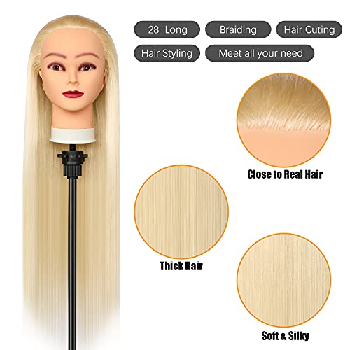 Trainingsköpfe, 28 inch Frisierkopf für Frisöre 100% Synthetikfaser-Haar Übungskopf,mit DIY Stricken Kit und kostenlose Tabelle Clips (Blond)