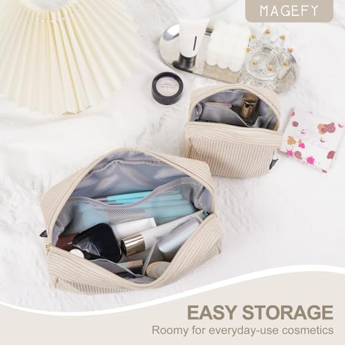 MAGEFY 2 Pcs Kleine Make up Tasche für Handtasche, Cord Make up Tasche mit Fächern Reise Make up Tasche für Mädchen Frauen (Beige)
