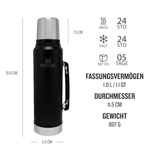 Stanley Classic Legendary Thermosflasche 1L - Thermos Hält 24 Stunden Heiß Oder Kalt - Edelstahl Thermoskanne - BPA-Frei - Spülmaschinenfest - Matte Black