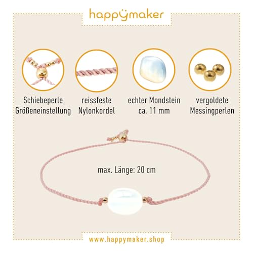 happymaker - Mondstein Armband Damen, handgefertigt in Deutschland, Edelstein Armband mit Goldperlen und exklusiver Geschenkverpackung, Freundschaftsarmbänder Set für die beste Freundin