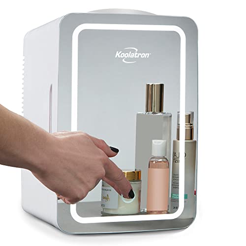Koolatron 6L Cosmetic Mini Fridge for Bedrooms 12V Compact Portable Vanity Small Car Refrigertor for Makeup Skincare Beauty Fridges with Dimmable LED Light Mirror Ideal for Girls Kids Desk Home White