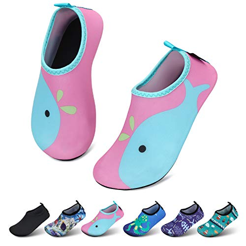 SAGUARO Mädchen Badeschuhe Kinder Aquaschuhe Jungen Schnell Trocknend Strandschuhe Atmungsaktiv Wasserschuhe Surf Yoga Neoprenschuhe,Pink Delfine,Gr.32/33 EU