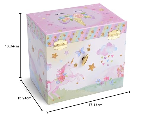 Jewelkeeper Musikalisches Schmuckkästchen Kinder Mädchen - Einhorn Schmuckkasten mit Glitzer Regenbogen - Zwei Schubladen - Schmuckdose Kinder - Fördert Kreativität - The Beautiful Dreamer Melodie