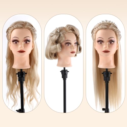 Frisierkopf 70% Echthaar Übungskopf 24 Zoll Frisierkopf Friseure Trainingsköpfe für Friseure zum Frisieren und Schminken Ausbildung Kopf Mit Halter + DIY Haare Set