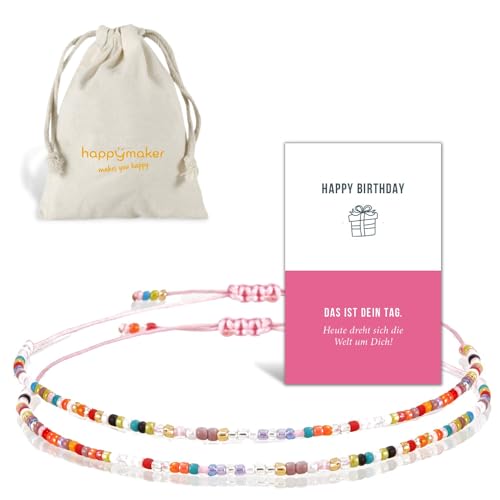 happymaker - Armbänder für Frauen und Mädchen, handgefertigt aus Miyuki Perlen mit Geschenkverpackung, Geburtstagsgeschenk mit Karte und Armband 2er Set, Happy Birthday Geschenk