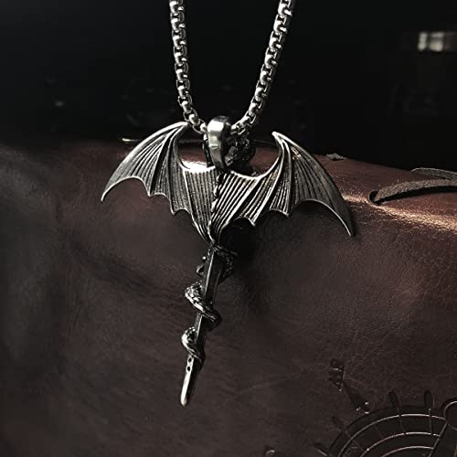 bahamut Mens Viking Jewellery Dragon Sword Pendant Necklace for Men Stainless Steel Gothic Vintage Jewelry with Chain