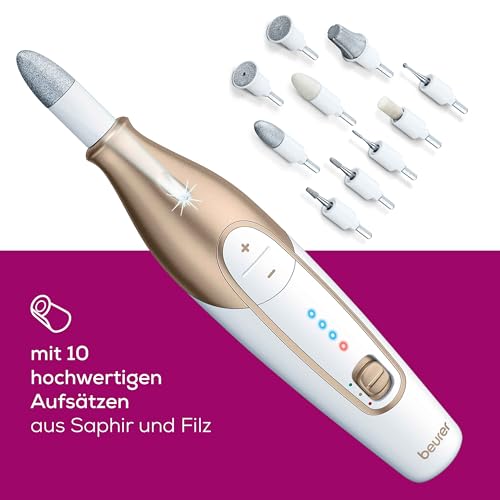 Beurer MP 64 Maniküre/Pediküreset, elektrisches Nagelpflegeset mit Akku, 10 Aufsätze zur Nagelpflege für schöne Hände und Füße, mit LED Licht, Einheitsgröße, White and gold
