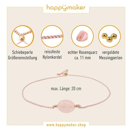 happymaker - Rosenquarz Armband Damen, handgemacht in Deutschland, Edelstein Armband rosa mit vergoldeten Perlen, Geschenkverpackung als Kraftgeber Geschenk für Frauen und Mädchen
