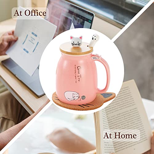 Katzen-Tasse Süße Keramik Kaffeetasse mit deckel,Edelstahl Löffel, Neuheit Morgen Cup Tee Milch Weihnachten Becher Geschenk Teetasse mit Deckel und Sieb Geschenke für Frauen380ML (Rosa)